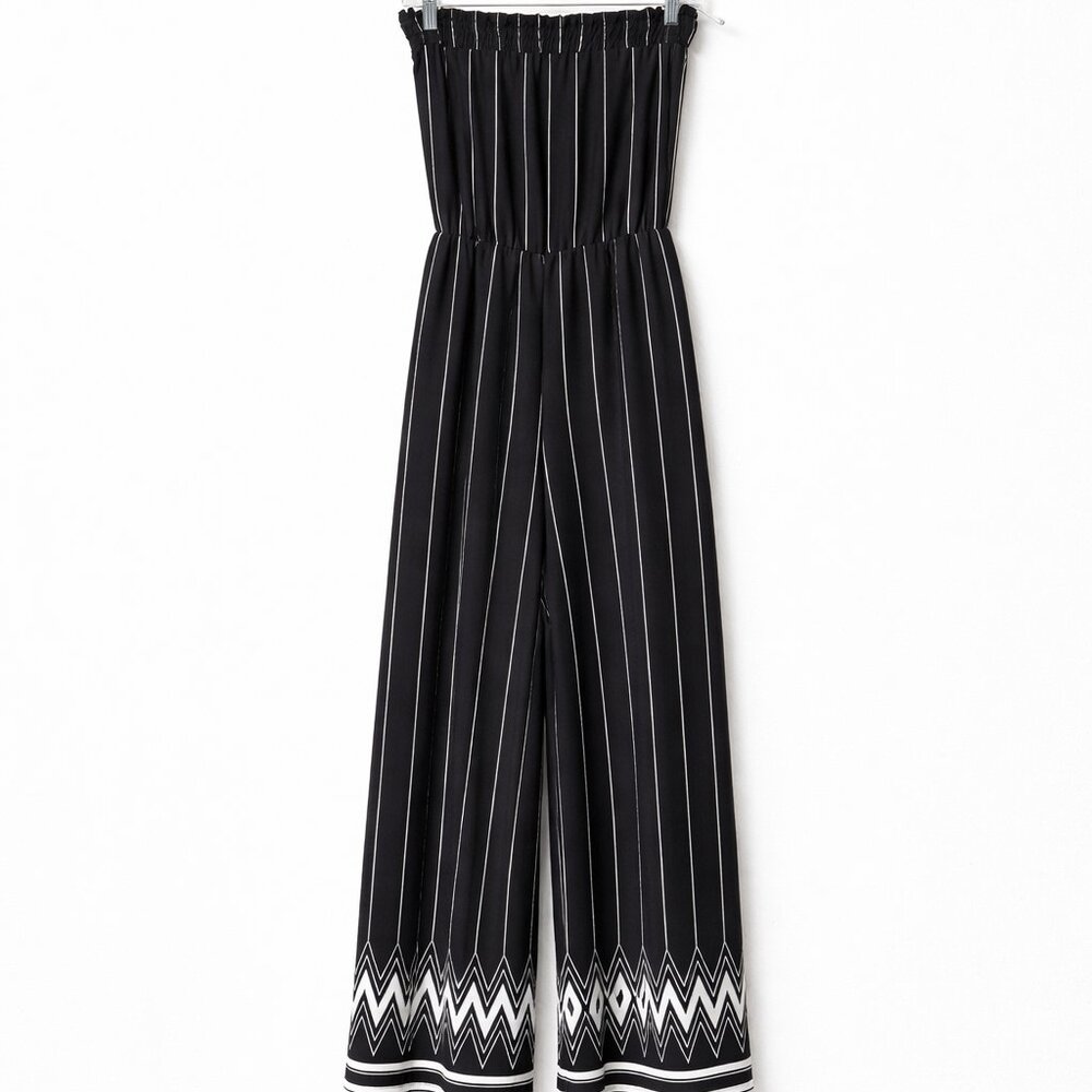 Sweet Rain Strapless Jumpsuit Womens M Black White Stripe Wide Leg Boho